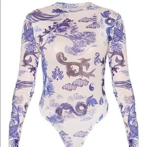 PLT WHITE & BLUE ORIENTAL MESH BODYSUIT